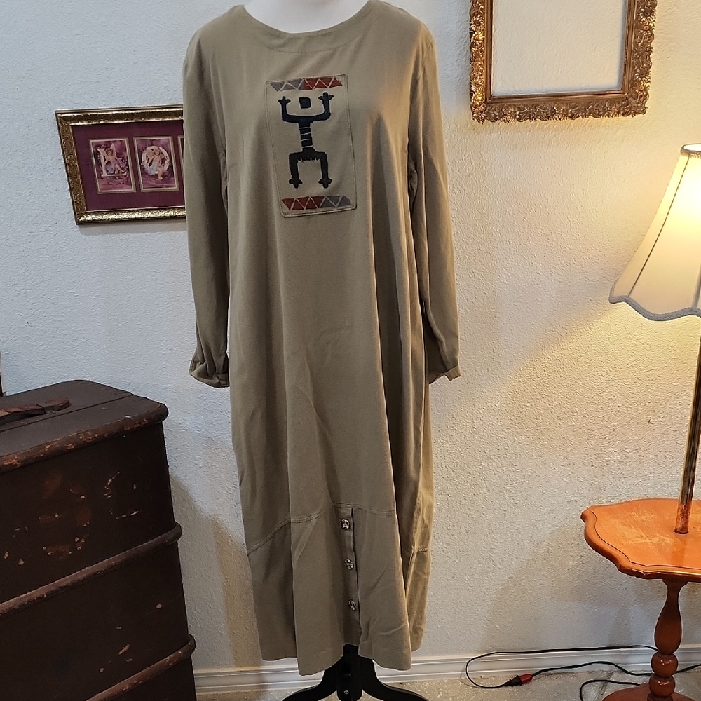 Blue Cactus Women's Beige Long Sleeve Dress with Geometric Design Sz Xl